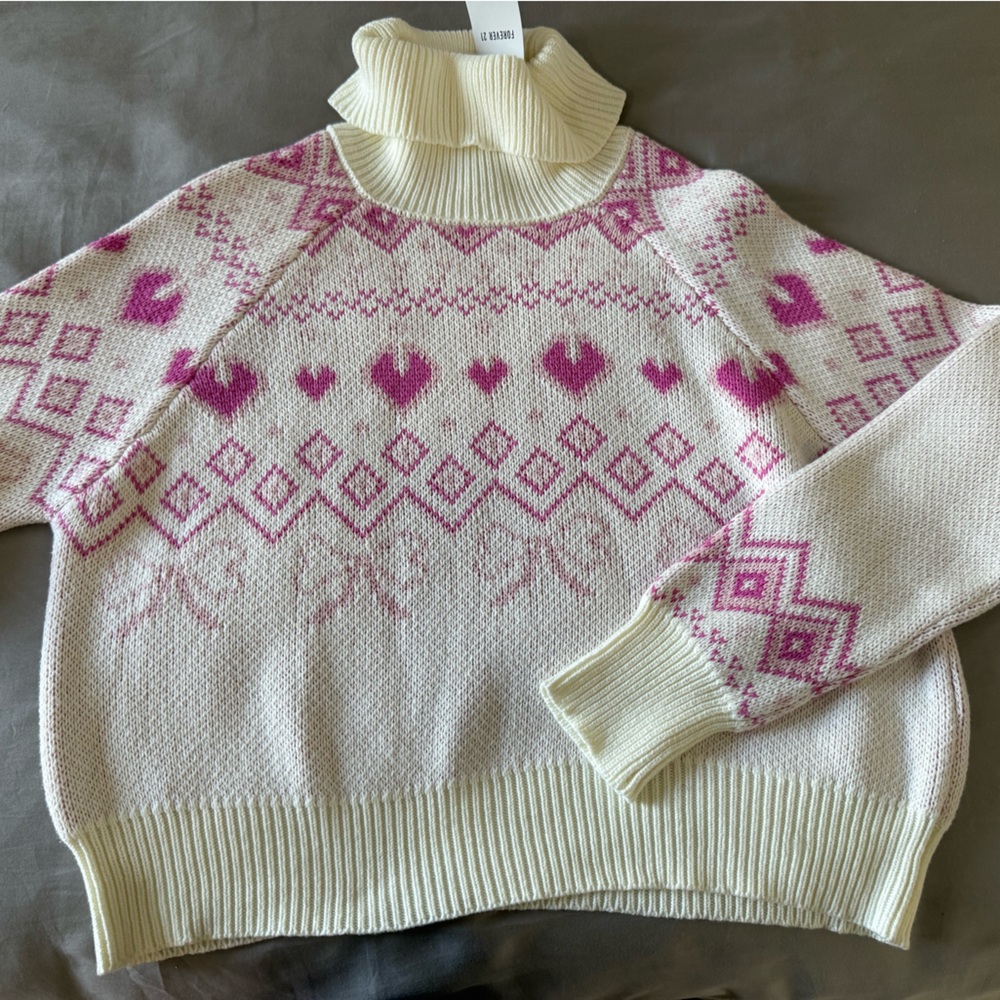 Forever 21 Cream and Pink Patterned Turtleneck Sweater